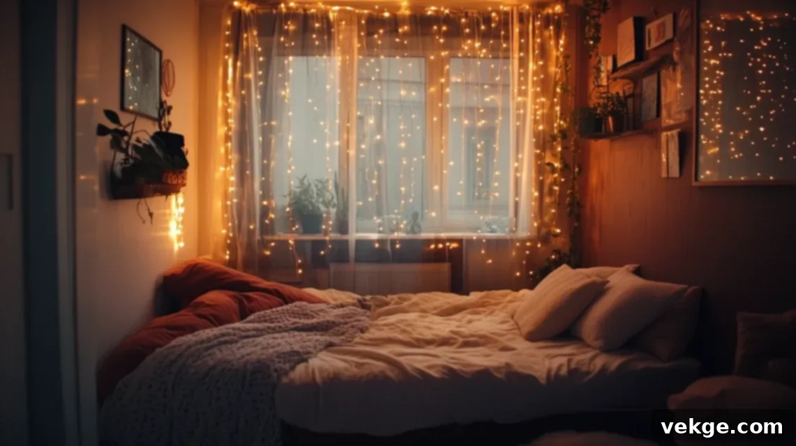 String Lights Along the Ceiling or Walls in a Small Bedroom