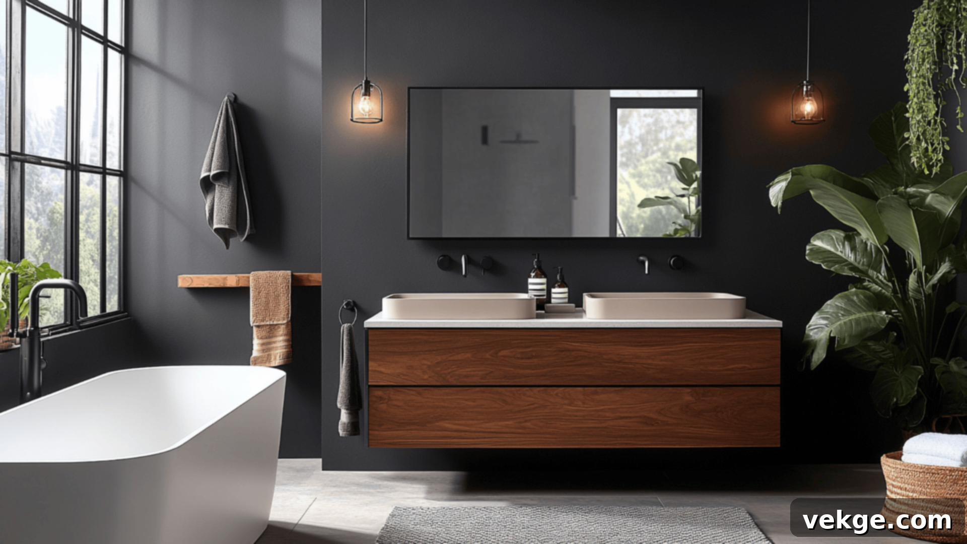 Deep Charcoal Walls with Warm Wood Accents