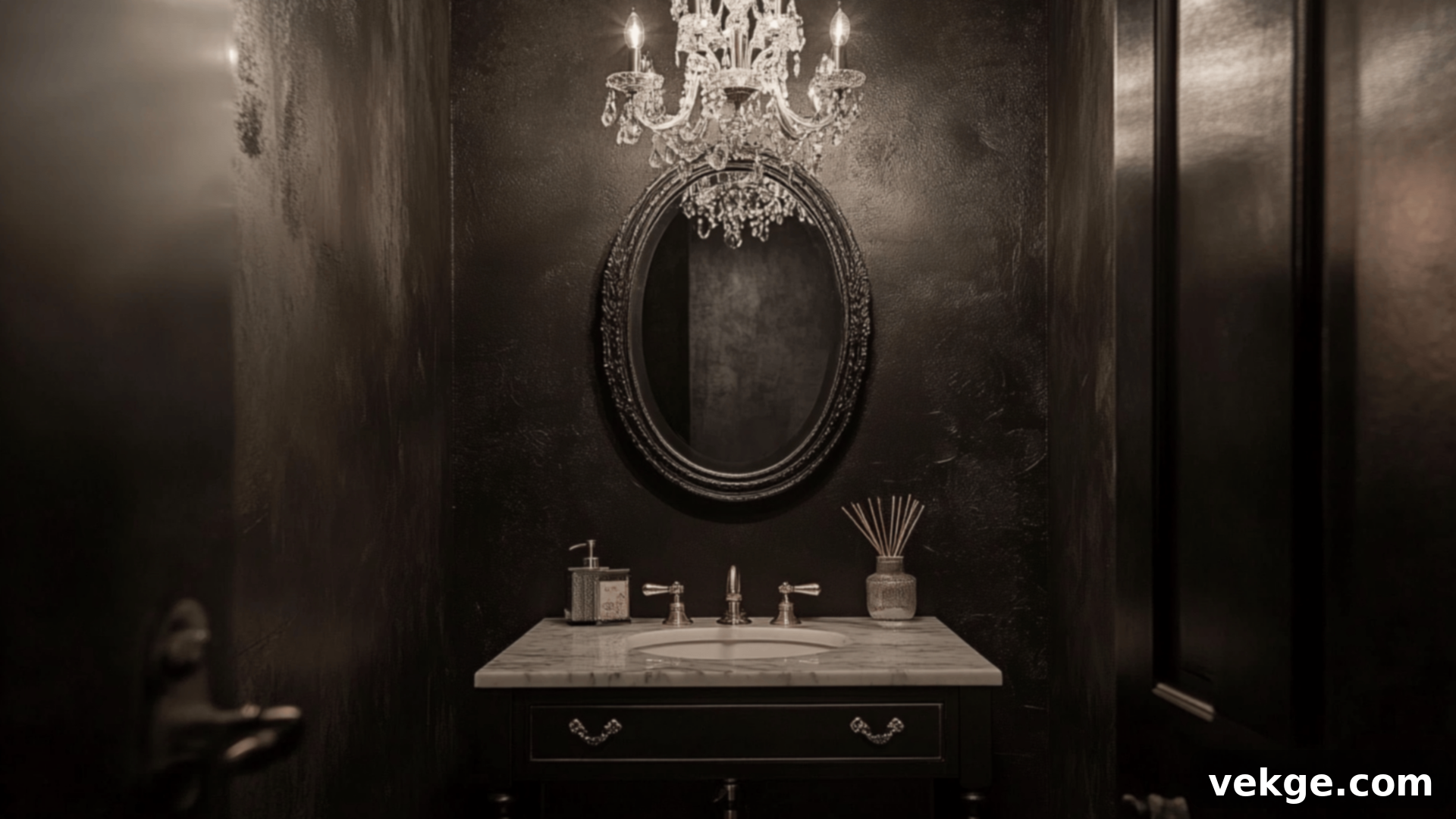 Moody Powder Room with Crystal Lighting