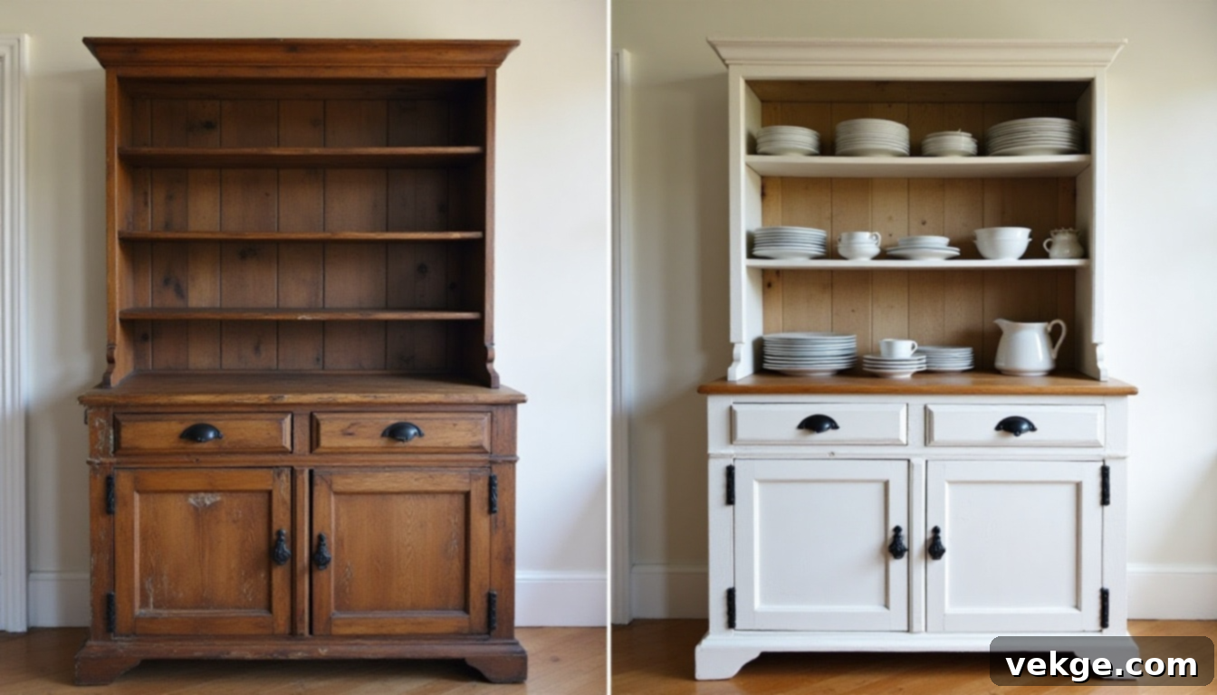 A Modern Farmhouse White Hutch transformation from dark wood to bright white with natural wood top.