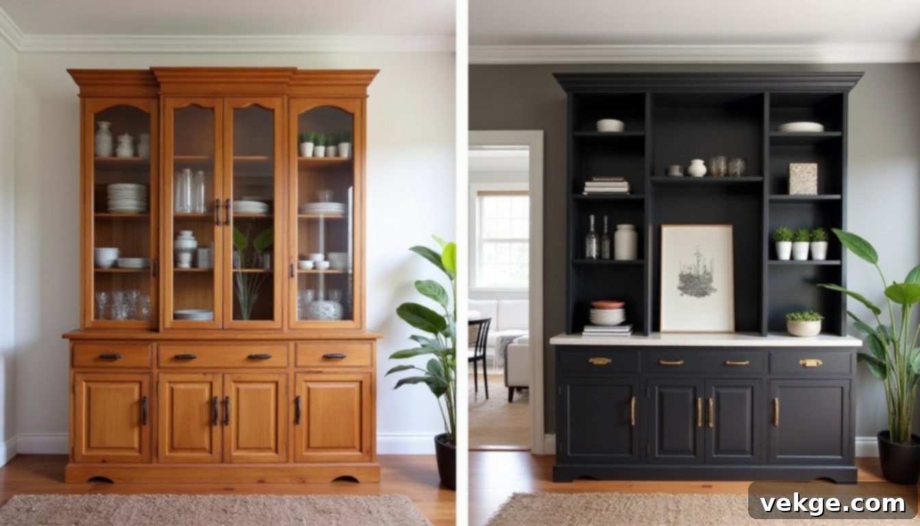 A minimalist matte black hutch with open shelving and brass hardware.
