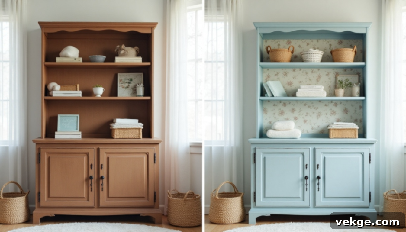 A soft pastel blue hutch with floral wallpaper in a nursery setting.