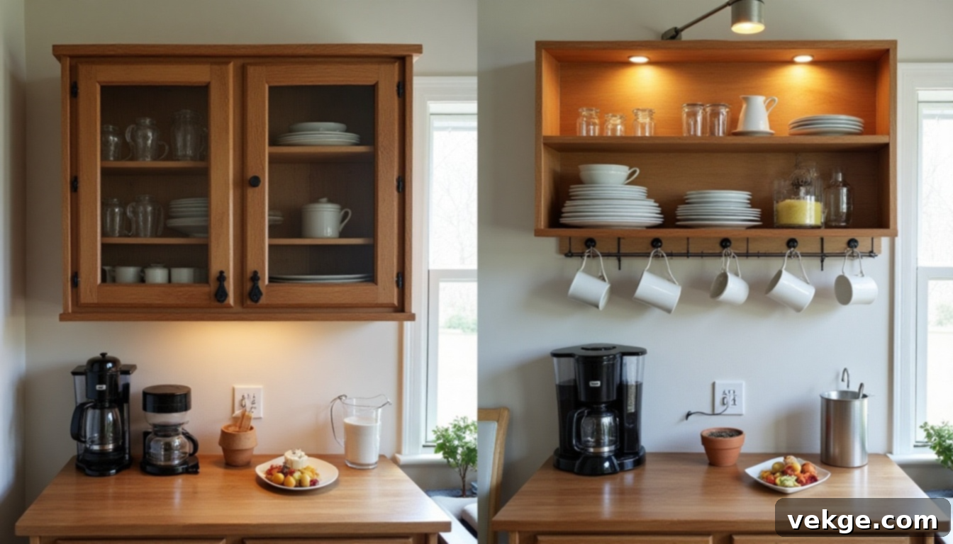 A repurposed hutch top mounted on a wall, serving as a coffee bar with mugs and jars.
