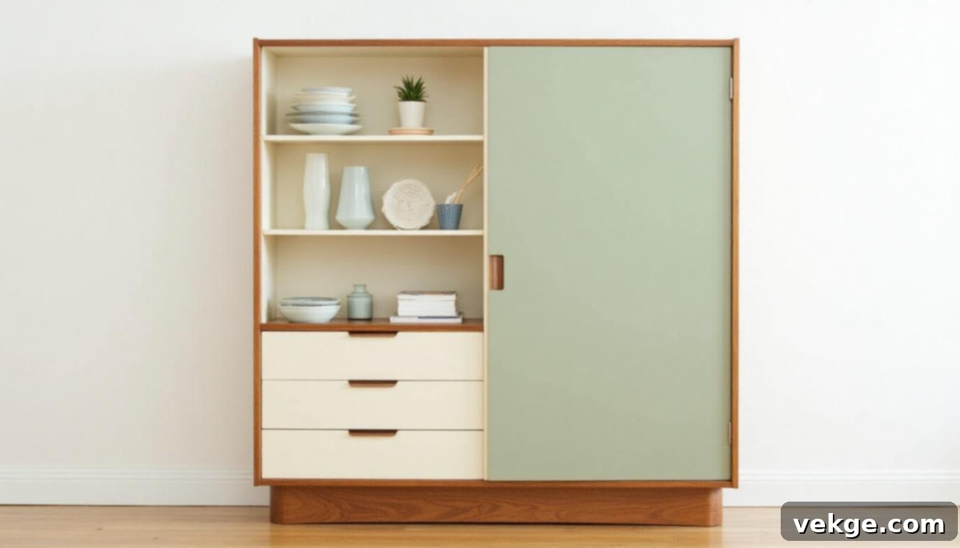 A mid-century modern hutch with two-tone paint, tapered legs, and minimalist decor.