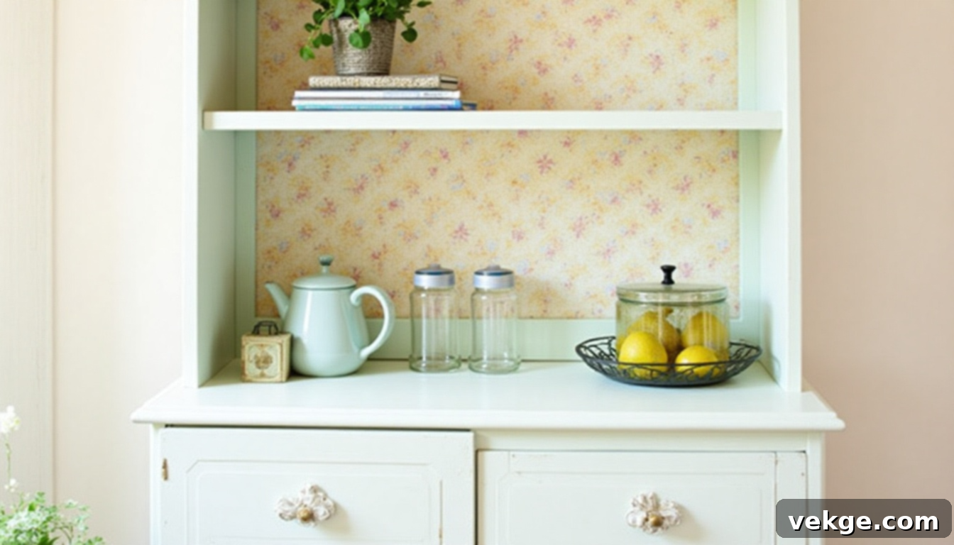 A cottagecore style hutch painted in pastel green with floral wallpaper and delicate decor.
