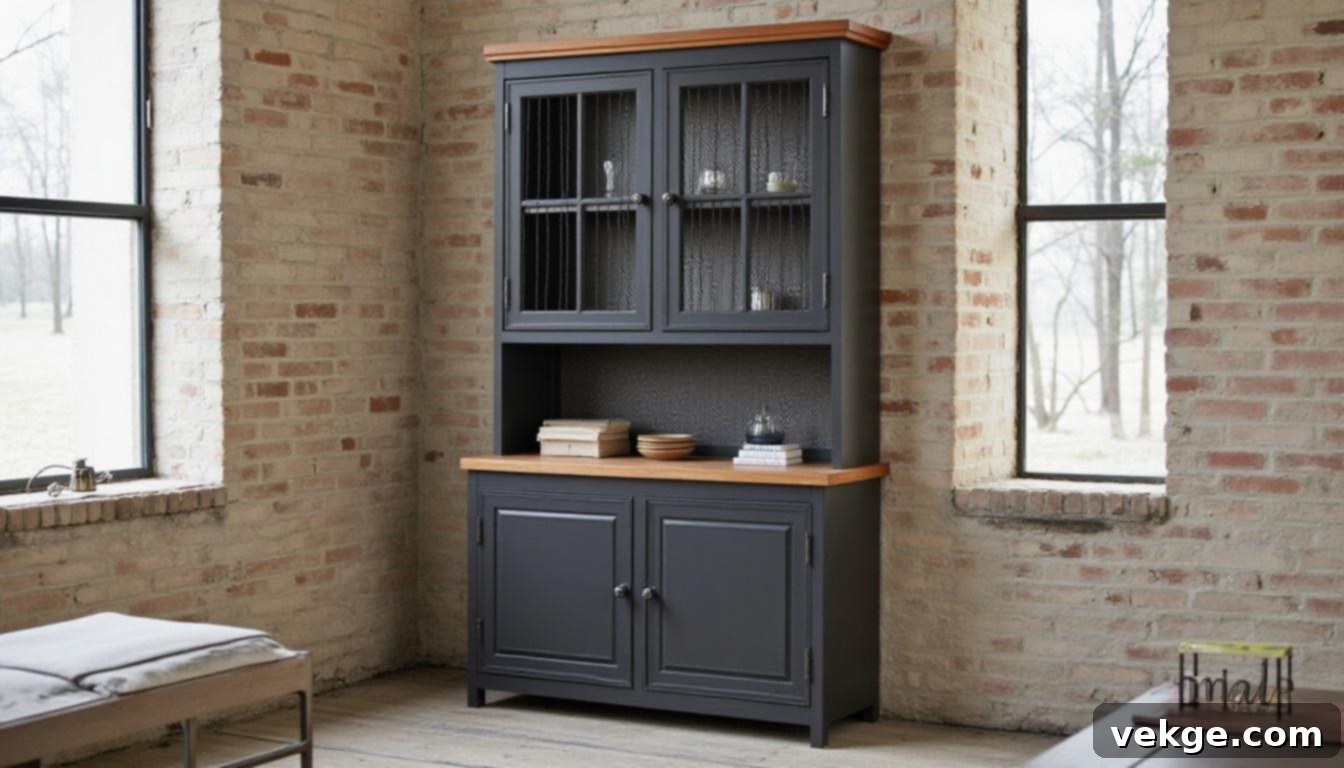 An industrial style hutch painted dark gray with metal mesh doors and exposed hardware.
