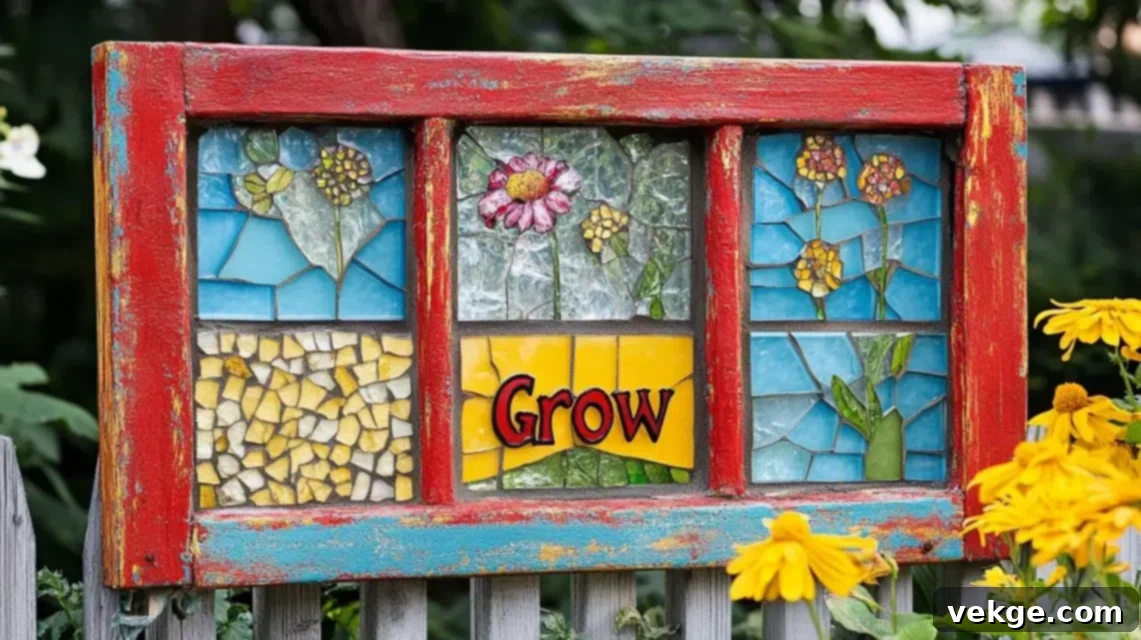 Garden Art Created with Painted or Mosaic Old Windows
