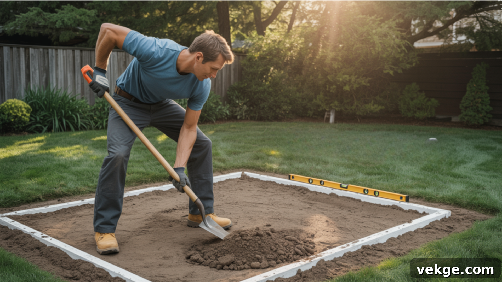 Site preparation for a gravel shed base, clearing ground and marking area