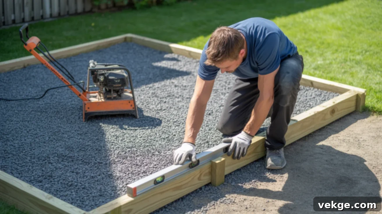 Framing and final checking of a compacted gravel shed base