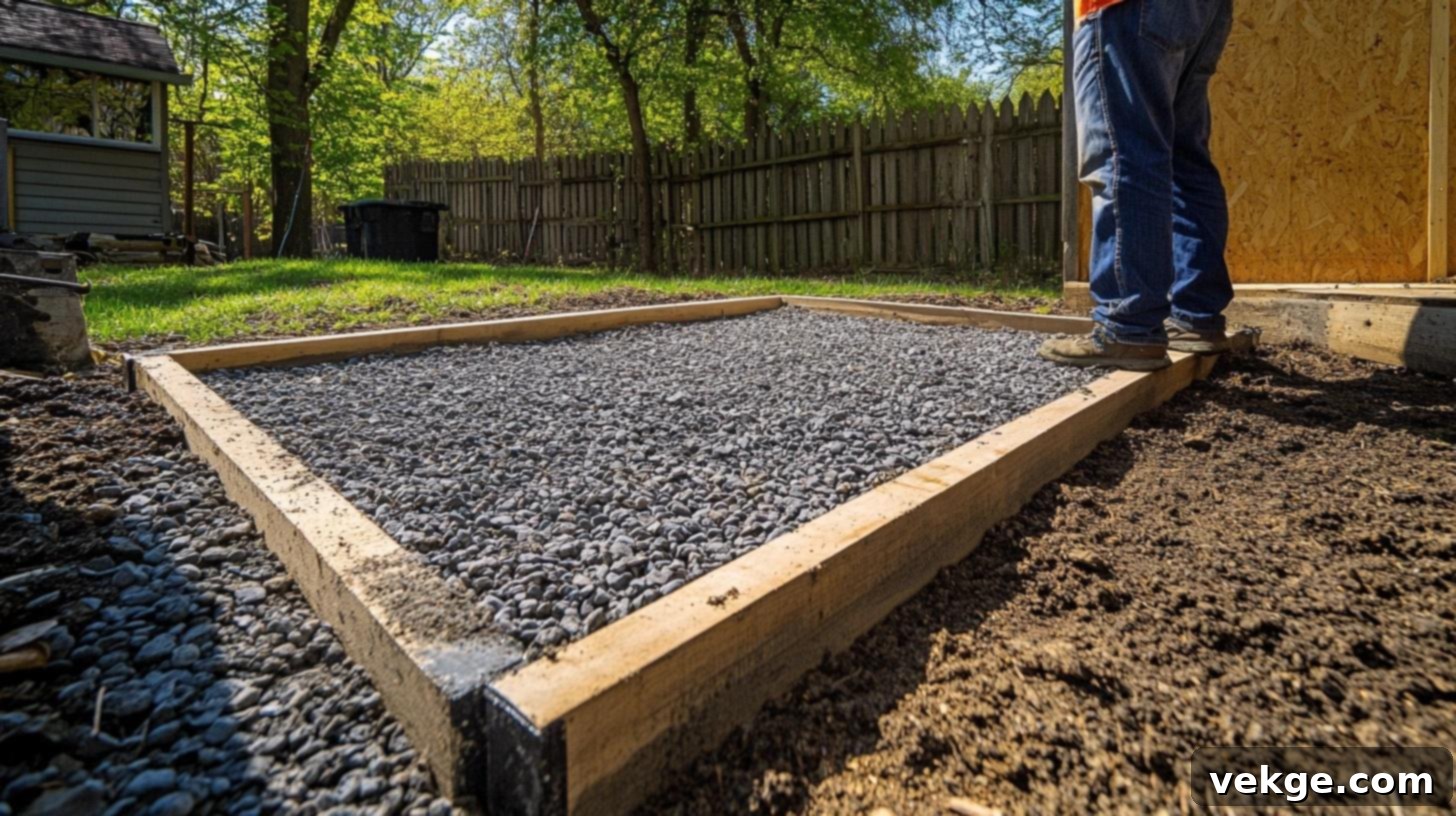 Completed gravel shed base, level, firm, and ready for shed installation