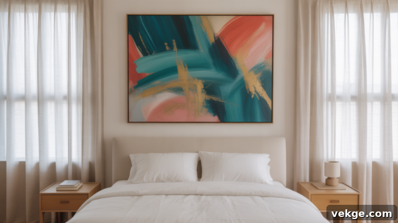 One large abstract painting above a queen bed with a wooden headboard, complementing the room's modern neutral decor.