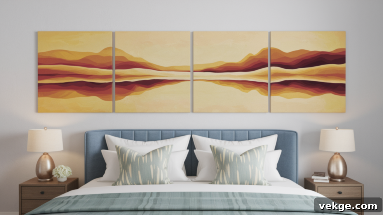 A two-panel diptych art piece featuring a serene landscape above a queen bed, creating a cohesive visual flow.