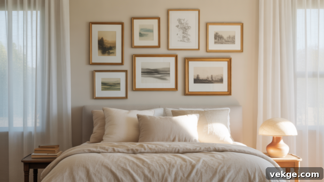 A tastefully arranged gallery wall with various framed photos and art pieces above a queen bed, showcasing a personal touch.