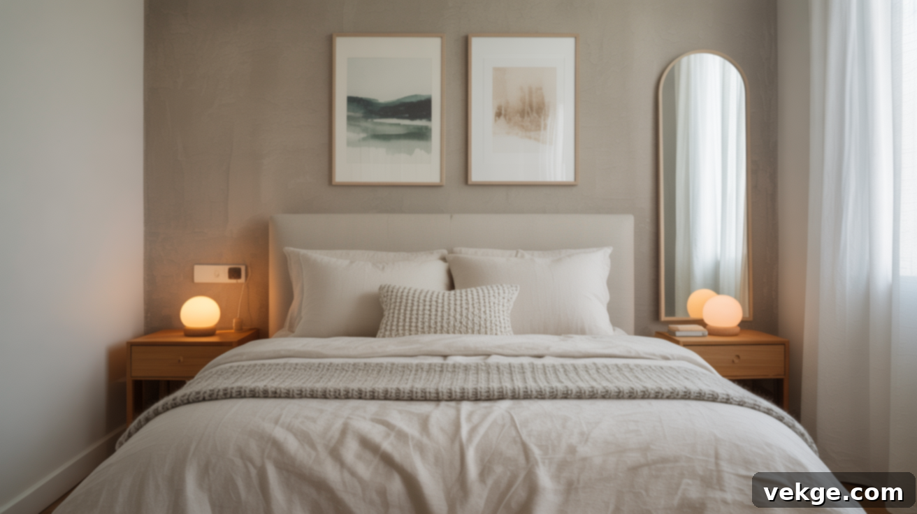 A small bedroom with a queen bed featuring vertical wall art and light decor to maximize space.