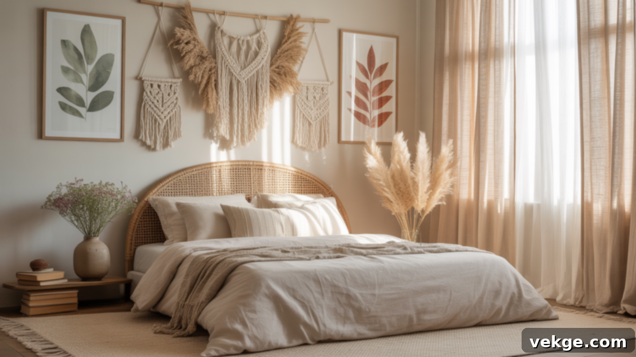 Boho bedroom with a macrame wall hanging and earthy-toned prints above a queen bed.