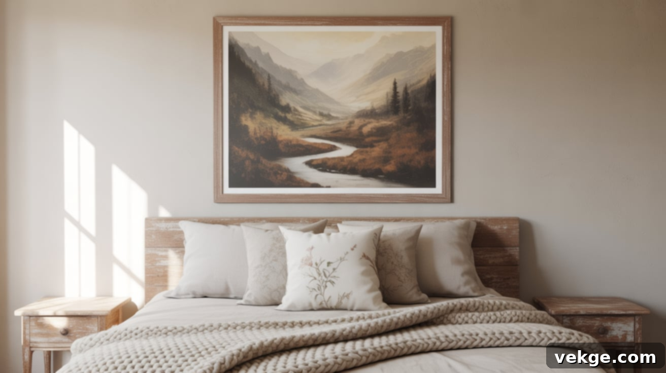Rustic bedroom with a wooden framed landscape painting above a queen bed, complementing the natural wood elements.