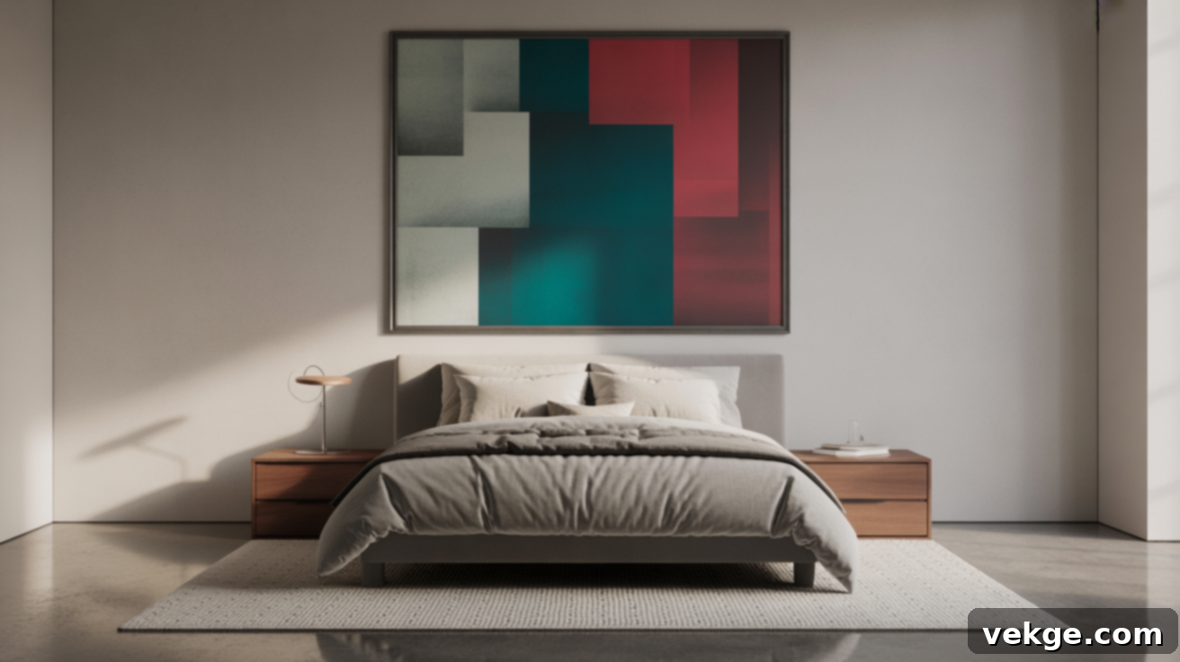 Modern bedroom with a high-contrast abstract art piece above a queen bed, featuring clean lines and a minimalist frame.