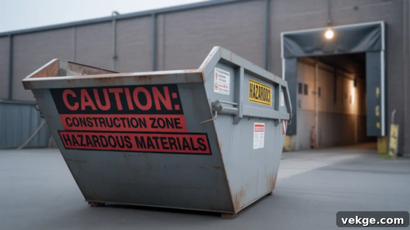 A photograph of a large, industrial skip bin positioned on a paved loading dock with a bright red safety cone nearby
