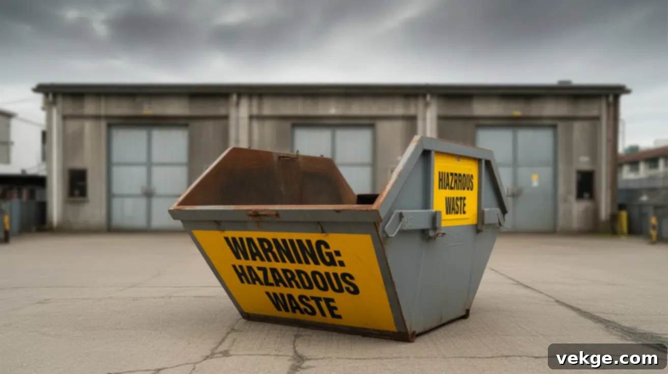 A photograph of a large, industrial-grade skip bin positioned on a slightly cracked concrete surface, ready for waste collection