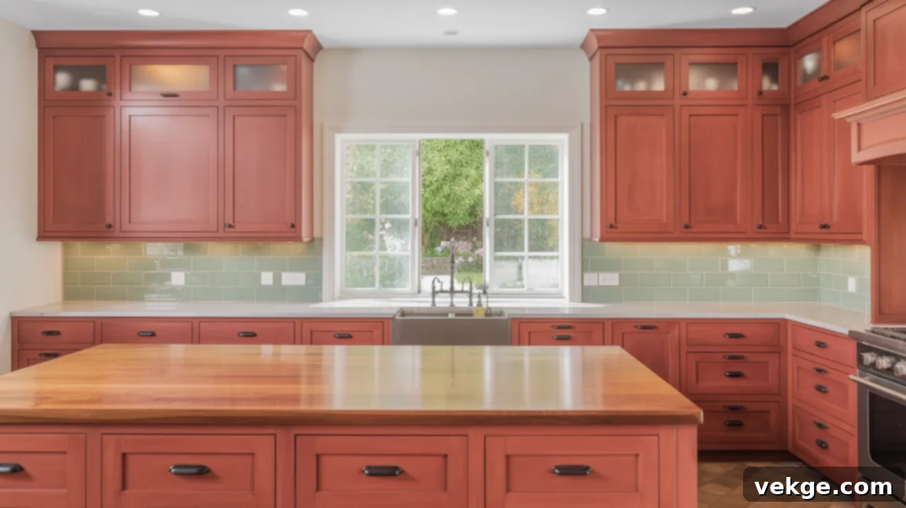Benjamin Moore Iron Ore Red on Kitchen Cabinets and Islands
