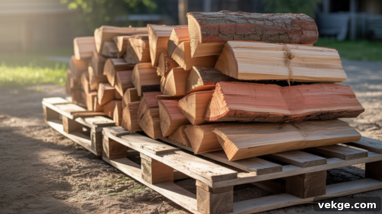 Raise your stack off the ground using pallets, bricks, or racks. This keeps the wood dry by stopping ground moisture from soaking in.