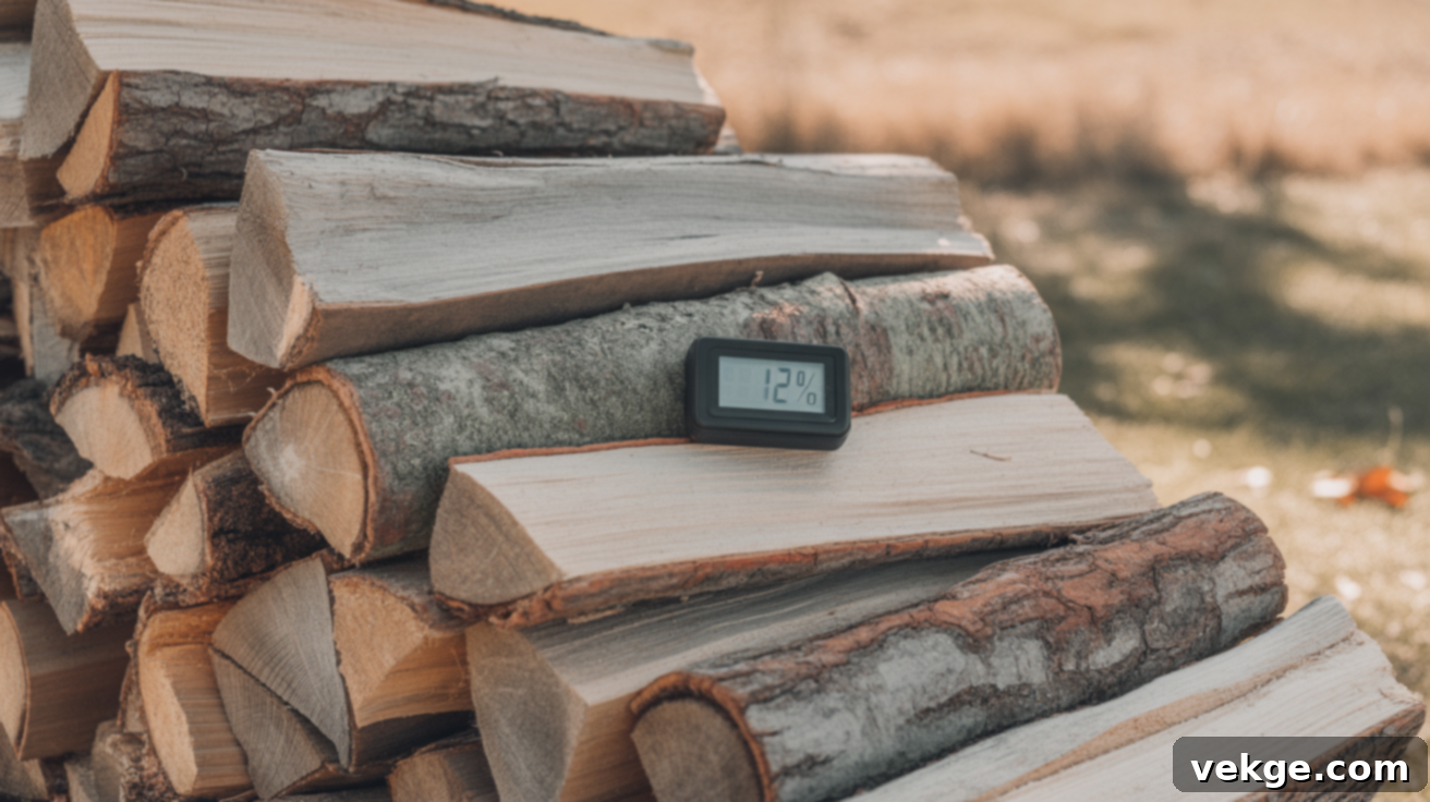 Softwoods take 6–12 months to dry; hardwoods need 12–24 months. Signs of dryness include cracked ends, lighter weight, and a hollow sound when tapped.
