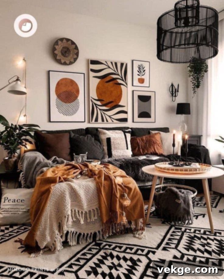 Mid-Century Boho Living Room with Rattan Pendant