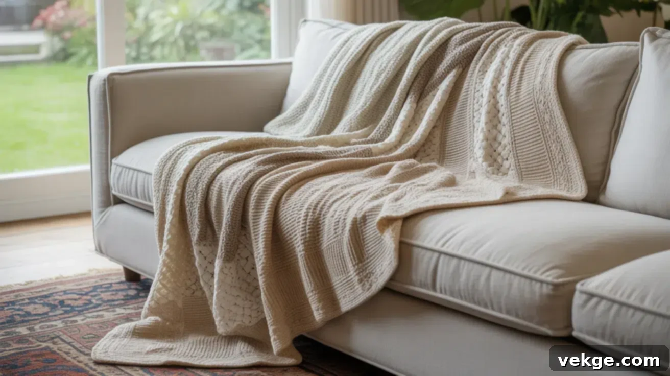 Handmade Crochet or Knit Blanket on Sofa