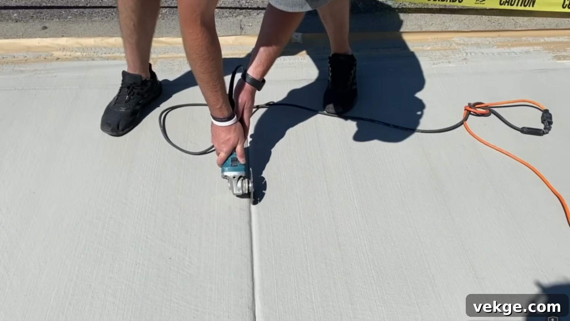 Cutting control joints in dried concrete overlay with an angle grinder.