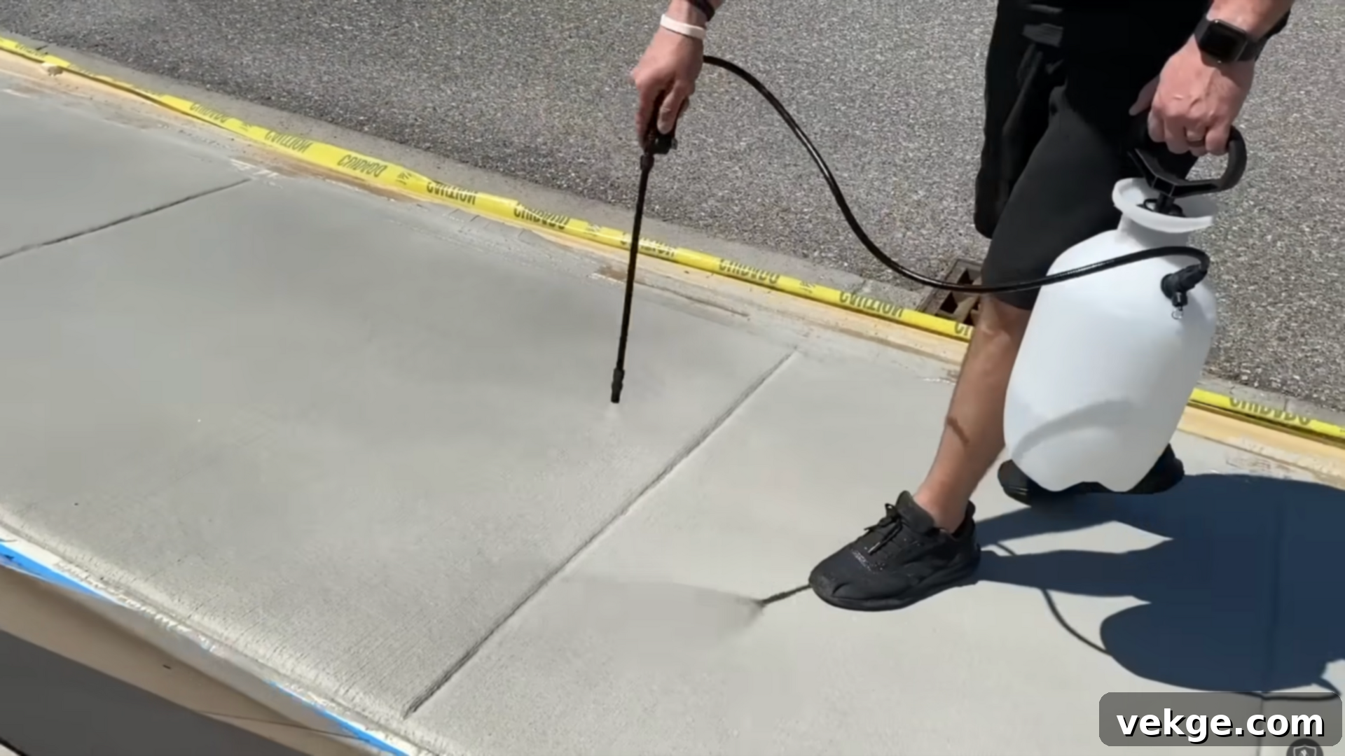 Sealing newly applied concrete overlay with a pump-up sprayer for protection.