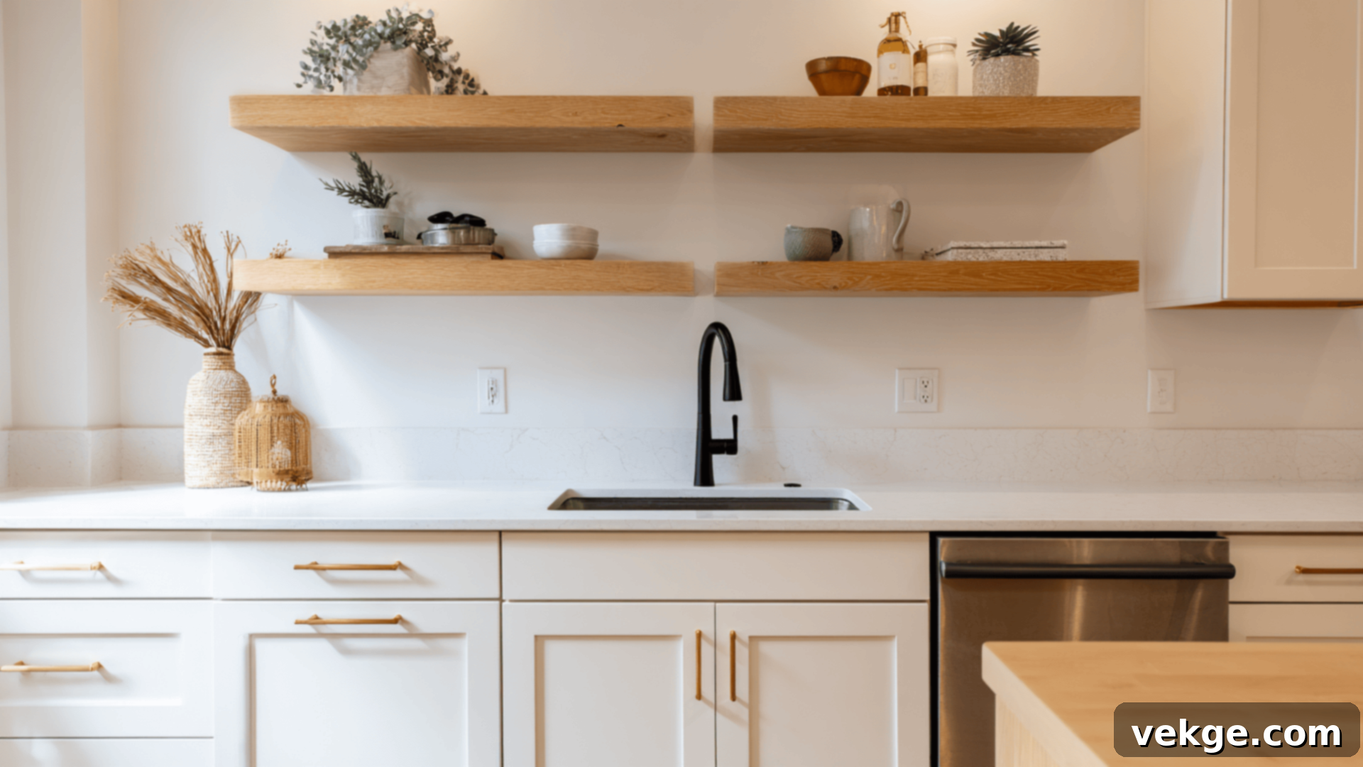 Pearly White kitchen cabinets with white quartz countertops