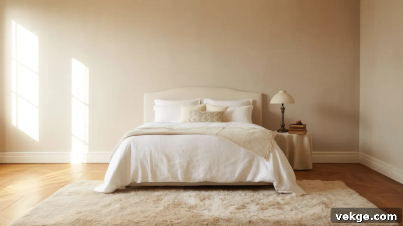 Pearly White bedroom walls with upholstered headboard
