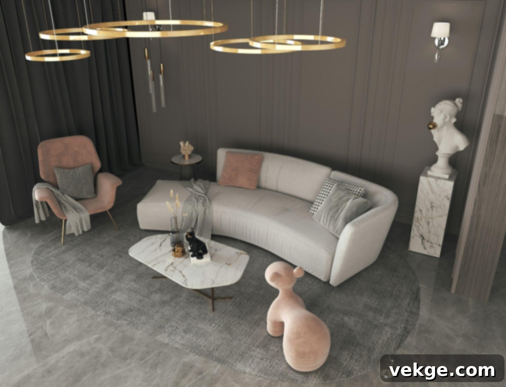 A modern living room with a large, inviting sofa, warm lighting, and textured elements, embodying soft modernism.