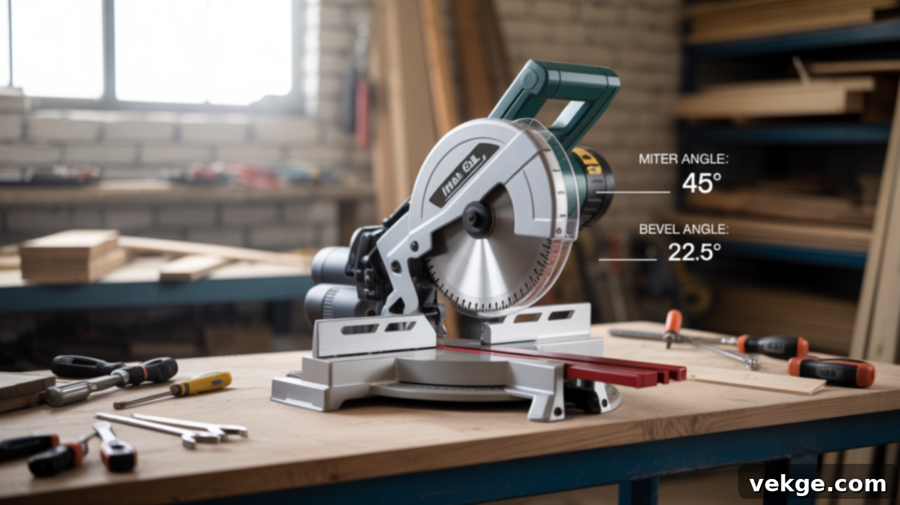 Single Bevel Miter Saw in use, tilting left for angled cuts