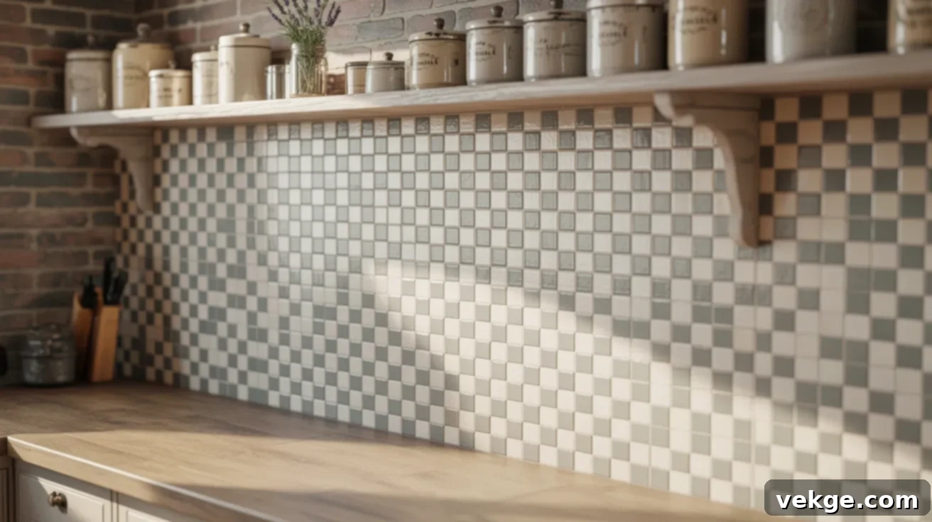 White and Gray Checkerboard Tile Backsplash