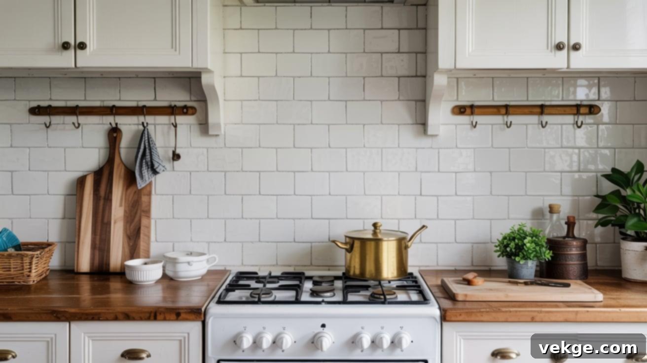 White Tile with Wooden Hooks Backsplash