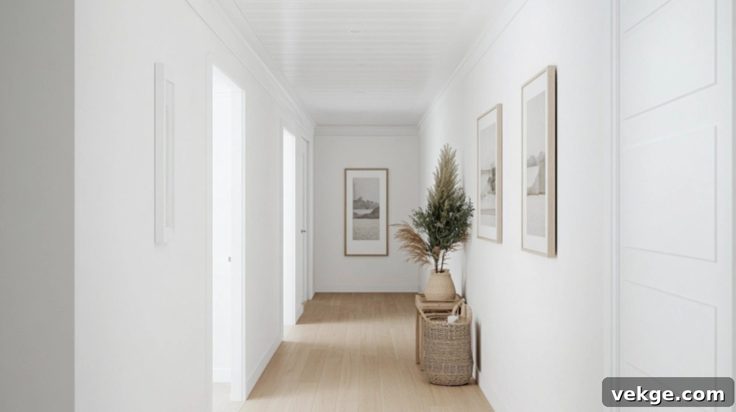 Soft Pure White paint on hallway walls, reflecting light