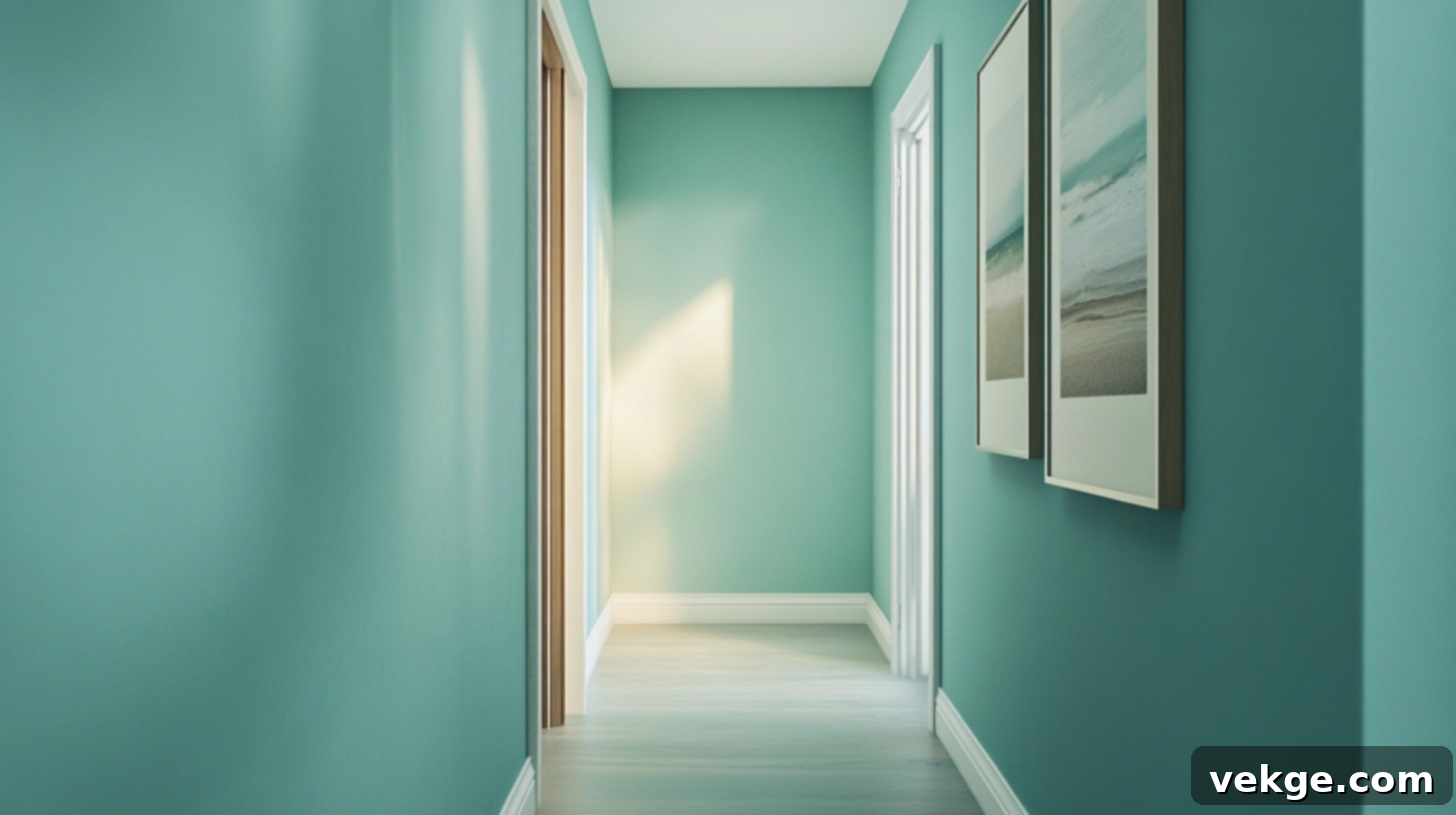 Dusty Aqua paint bringing a calm, clean feel to a hallway