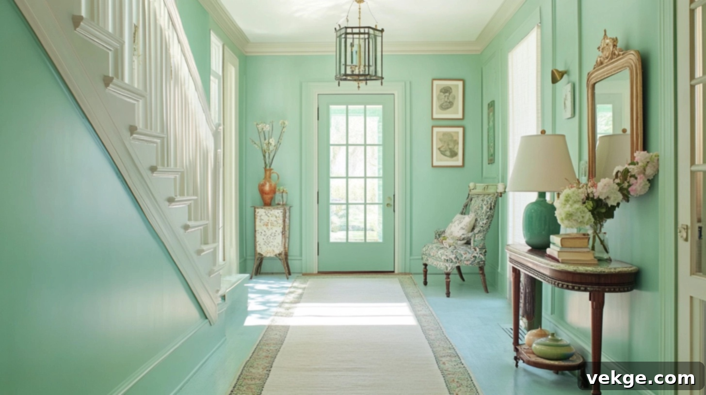 Mint Green walls creating a fresh, airy hallway