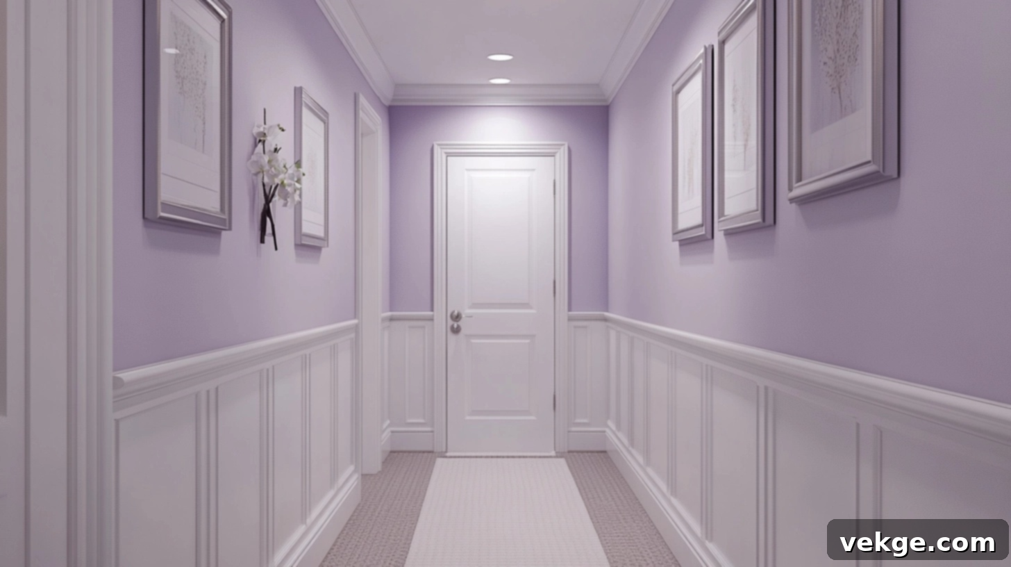 Soft Lavender walls adding personality to a bright hallway