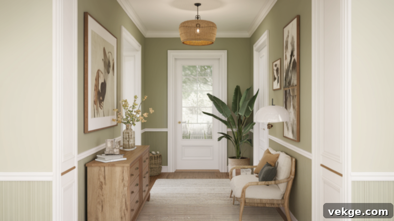 Muted Sage walls bringing nature indoors to a bright hallway