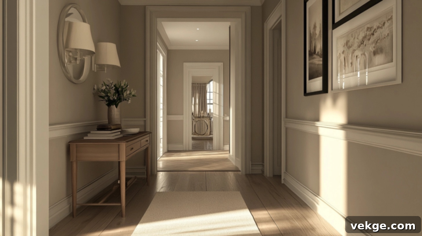 Cool Greige balancing warmth and coolness in a bright hallway