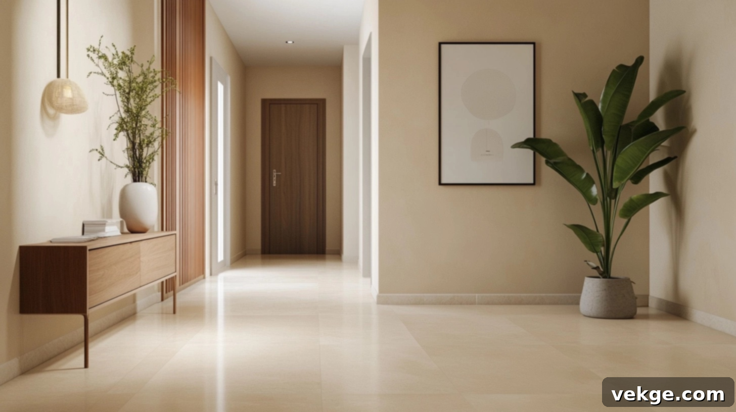 Peachy Beige walls with a subtle warm glow in a hallway