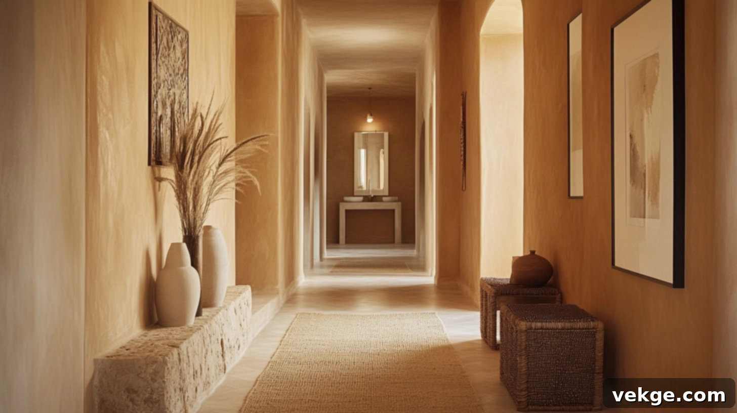 Warm Sand paint creating a cozy, bright, earthy hallway