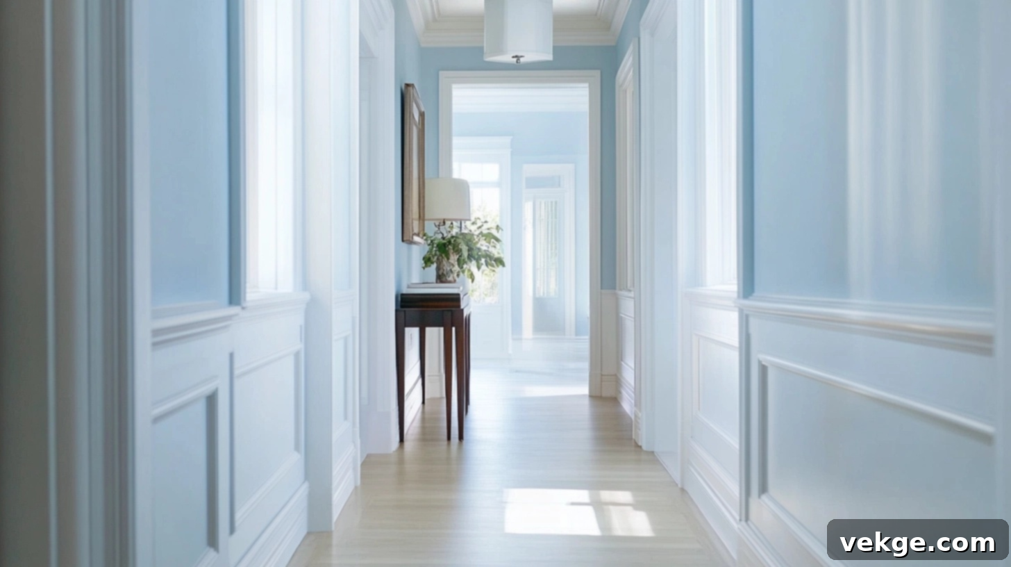 Pale Sky Blue walls making a hallway feel airy and spacious