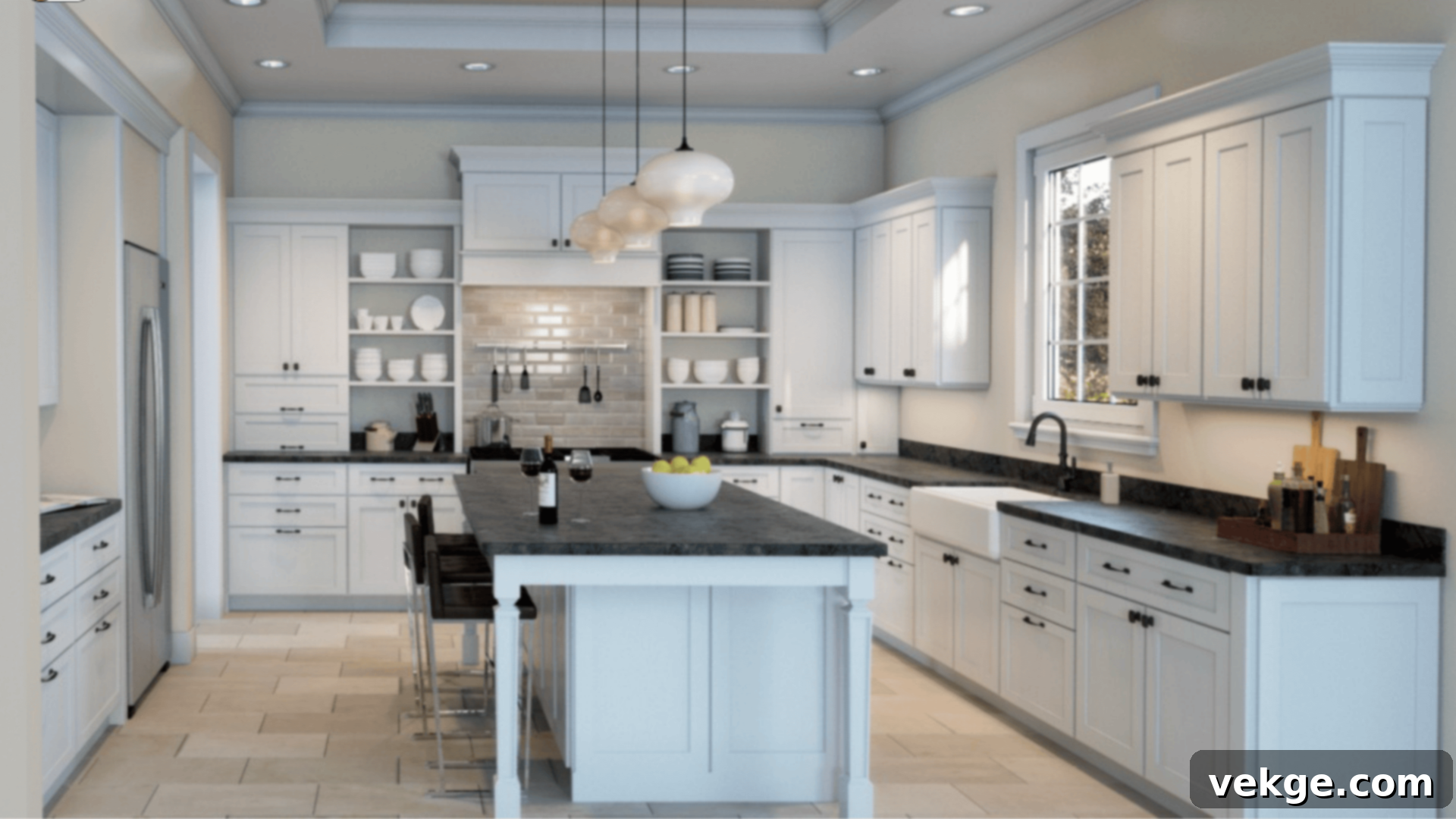 Origami White kitchen cabinets with wood accents
