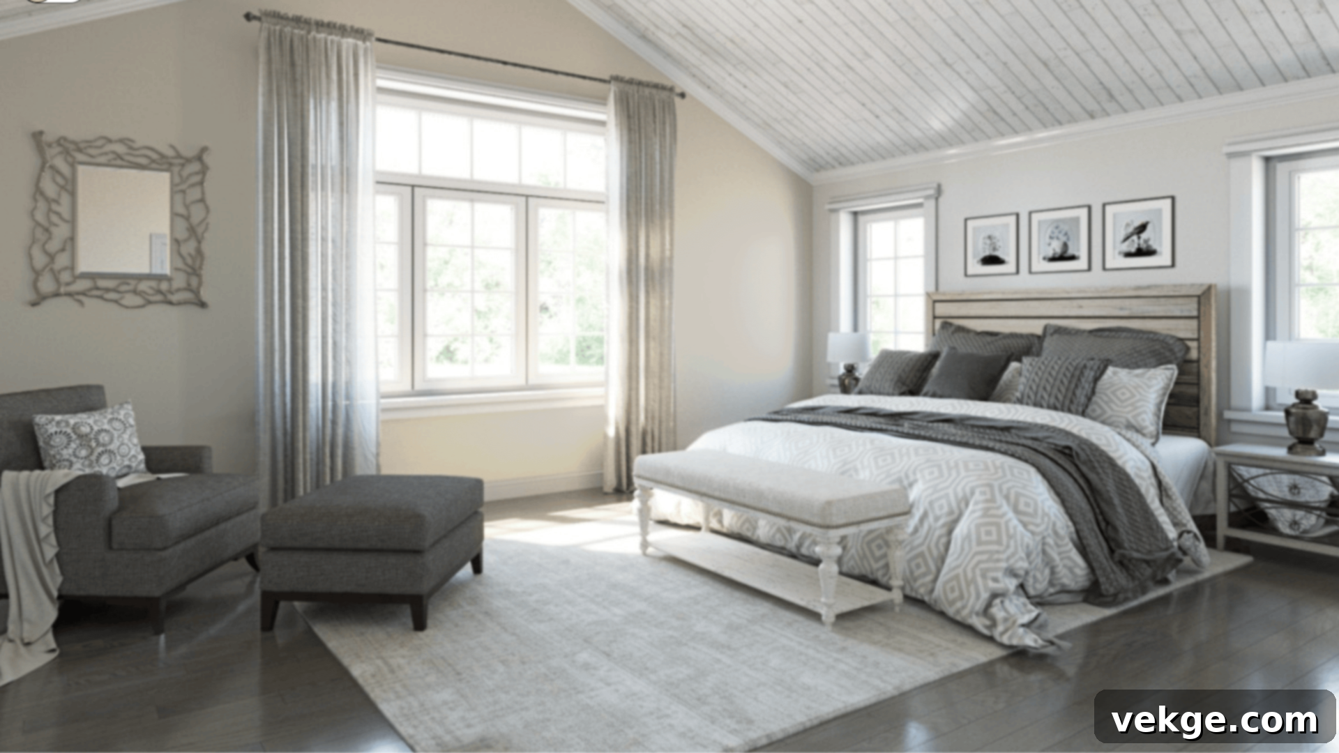 Origami White bedroom with soft linens and wood furniture