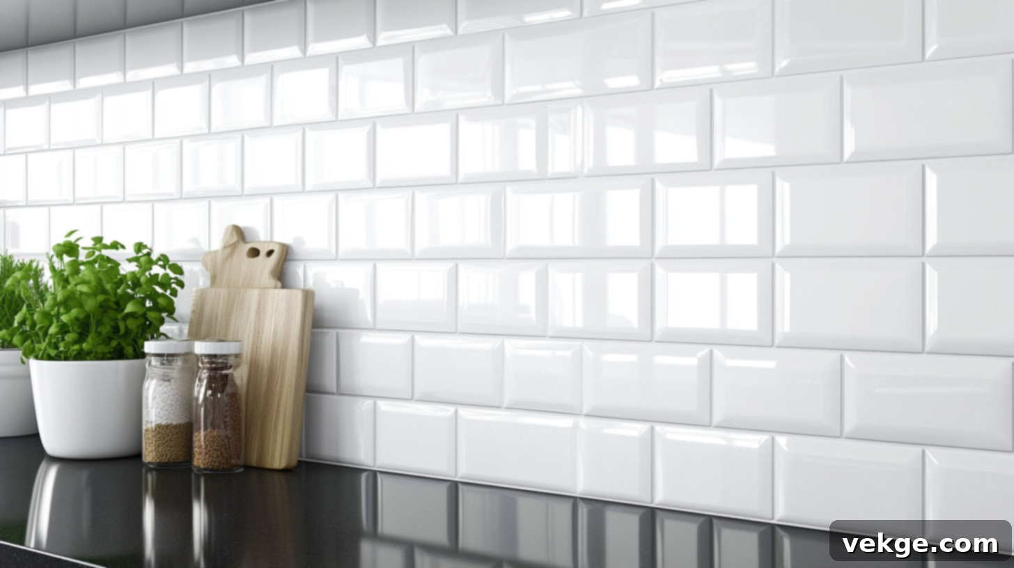 Glossy White Subway Tiles with Dark Grout and Black Countertops