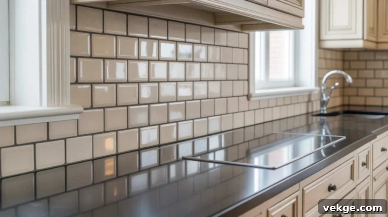 Beige Subway Tile Backsplash with Dark Grout and Black Countertops