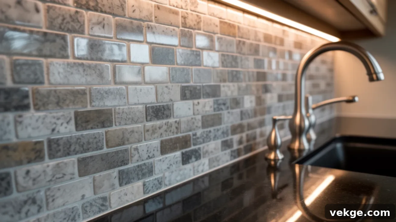 Speckled Granite Mosaic Backsplash with Black Countertops